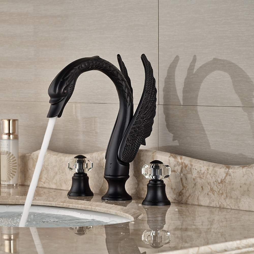 Rema Deck Mount 3pcs Swan Crystal Handle Faucet Oil Dark Rubbed Bronze Finish